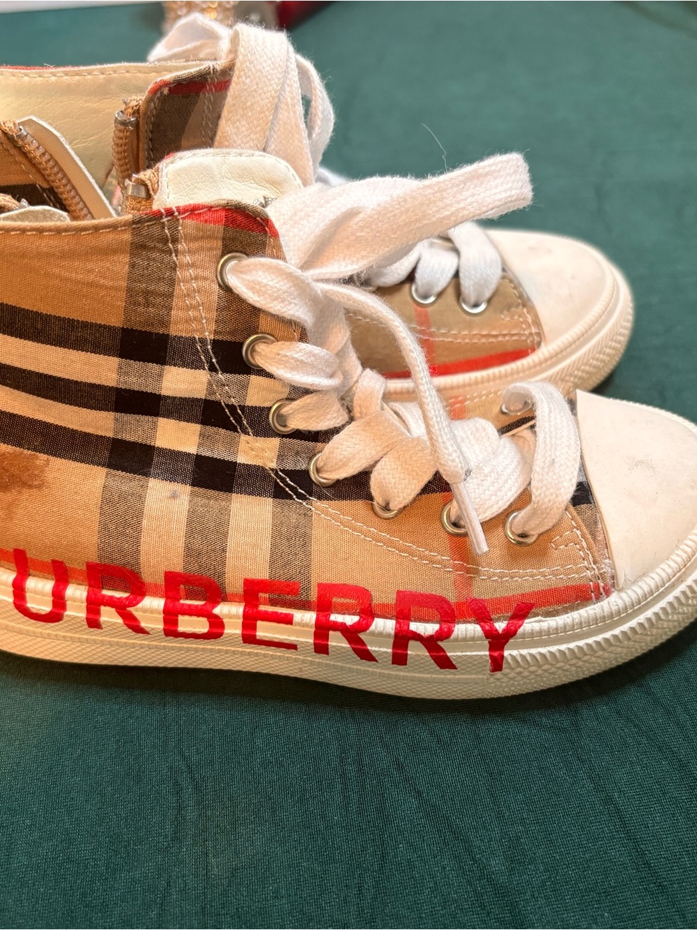 Burberry Beige Check High-Top Sneakers with Red Logo Script